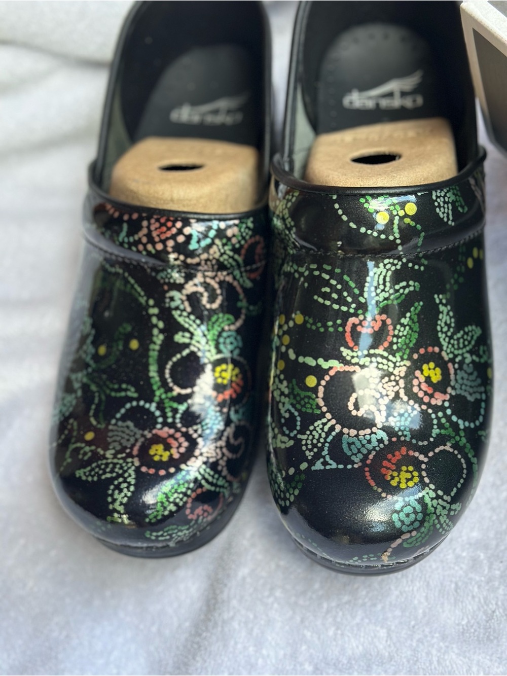 Dansko NAVY Floral-Print Leather Clogs with Multicolor Dots NEW